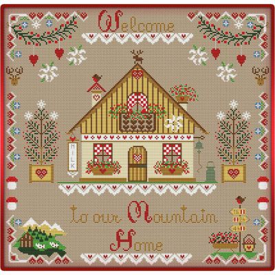 схема вышивки Новогодний домик подушка - семплер
