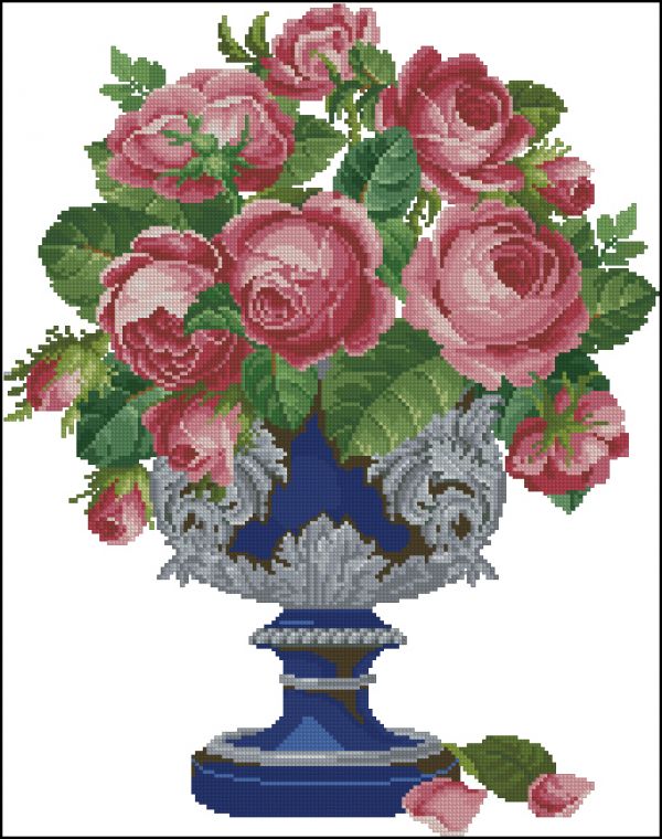 Вышивка крестом Розовые розы в чаше
