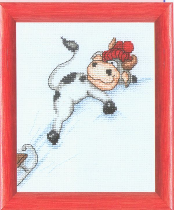 схема вышивки крестом корова на санках