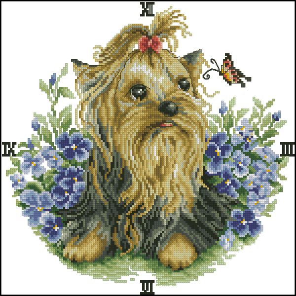 схема вышивки крестом часы с собачкой - дружелюбный ёрк