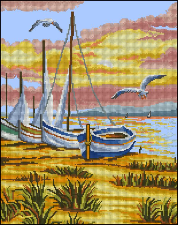 схема вышивки крестом Лодки у берега
