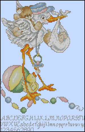 Вышивка крестом Аист - детская метрика