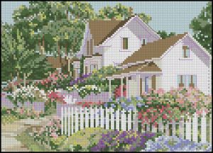 Вышивка крестом Дом в весенних цветах