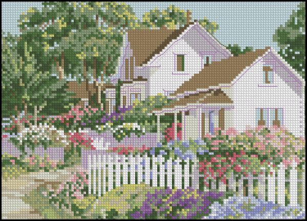 Вышивка крестом Дом в весенних цветах
