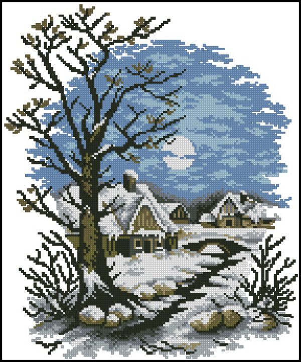 Вышивка крестом Ночная зимняя деревня
