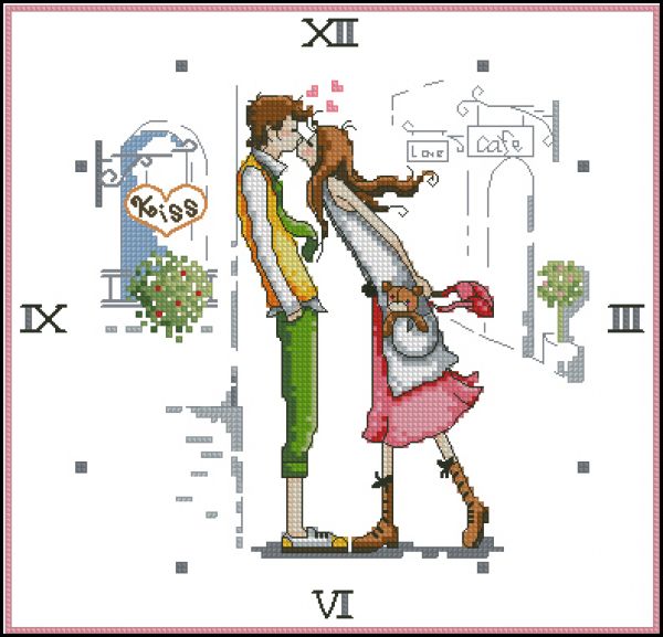схема вышивки крестом часы с влюблённой парой - поцелуй
