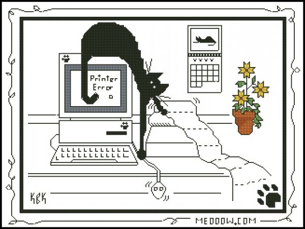 Вышивка крестом Кошка на комп'ютере