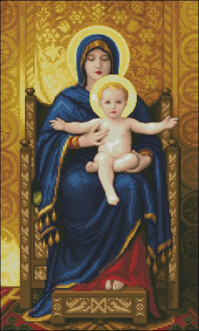 Вышивка крестом иконы Богородица с младенцем на троне