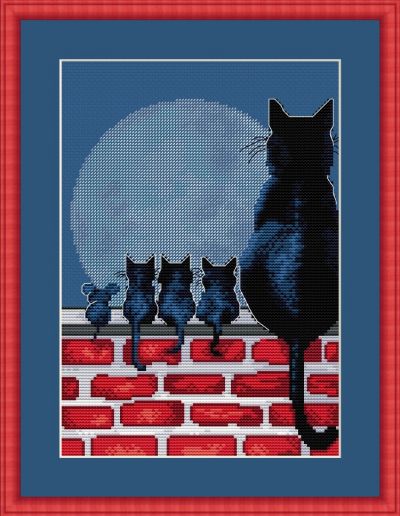 Вышивка крестом Кошка с котятами на крыше