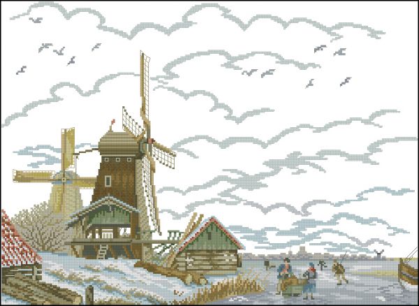 Вышивка крестом Мельницы среди снега