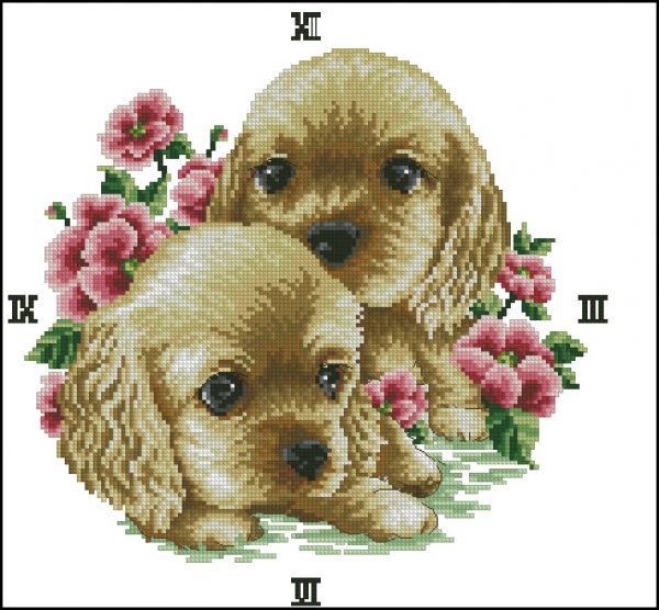 схема вышивки крестом часы со щенками в детскую