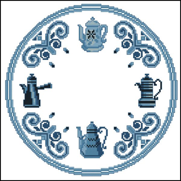 схема вышивки крестом голубые часы с кофейниками