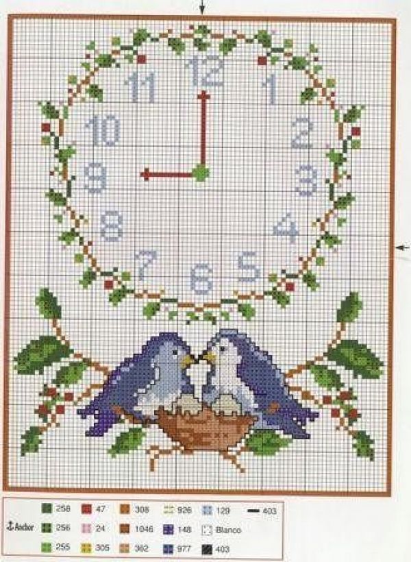 схема вышивки крестом детские часы с птицами