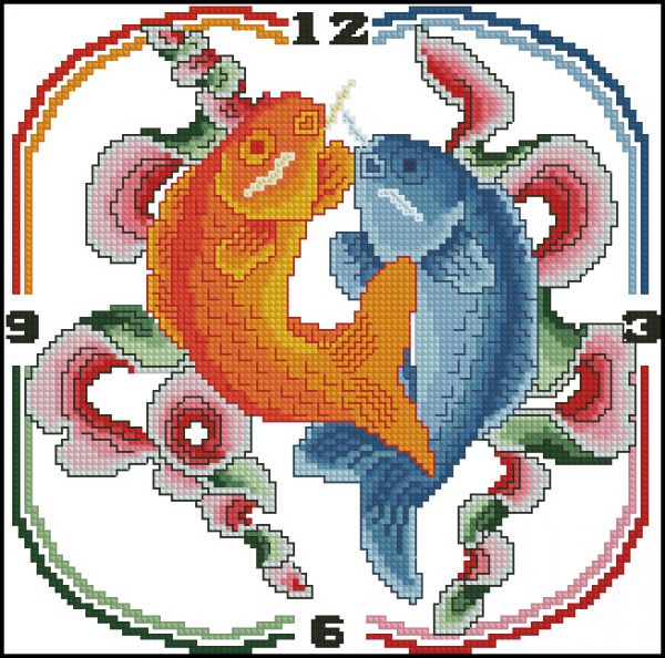 схема вышивки крестом часы с рыбками